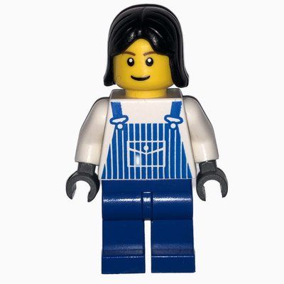 Minifigure Woman, Blue and White Striped Overalls, Black Hair from set 7724