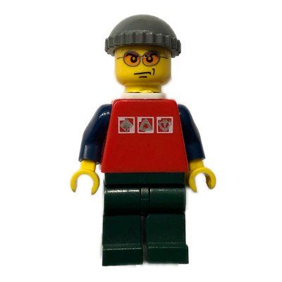 Minifigure Man, Red Shirt with Dark Blue Arms, Dark Bluish Gray Hat, Orange Sunglasses from set 7724