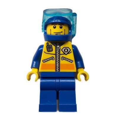 Minifigure Coast Guard Diver, Yellow Jacket with Zipper, Radio, and Badge, Blue Helmet with Mask from set 7724