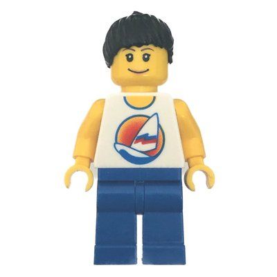 Minifigure Woman, White Tank Top with Windsurfer, Blue Legs, Black Ponytail from set 7724
