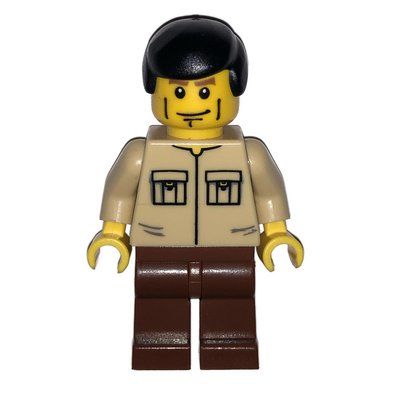 Minifigure Man, Tan Shirt with Pockets, Reddish Brown Legs, Black Hair from set 7724