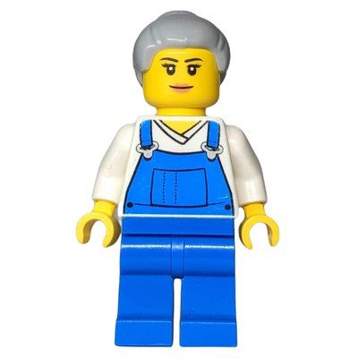 Minifigur Woman, Blue Overalls over White V-Neck Shirt, Light Bluish Gray Hair aus Set 45022