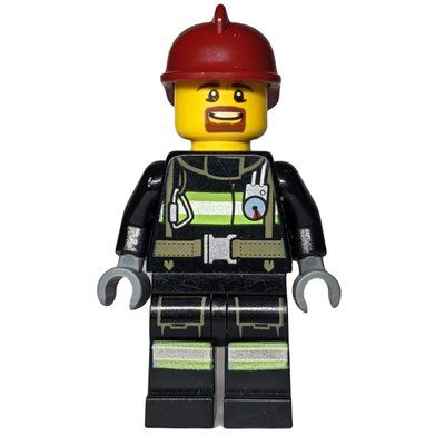 Minifigur Firefighter, Black Fire Jacket with Straps and Gauge, Dark Red Helmet, Goatee Beard aus Set 45022
