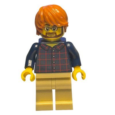 Minifigur Man, Dark Blue Plaid Shirt, Tan Legs, Dark Orange Hair, Glasses and Beard aus Set 45022