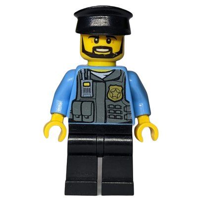 Minifigur Policeman, Vest with Gold Badge, Radio, and Pockets. Black Hat, Beard aus Set 45022