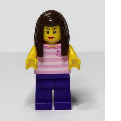 Minifigur Woman, Pink Striped Tank Top with Cat Face, Dark Purple Legs aus Set 45022