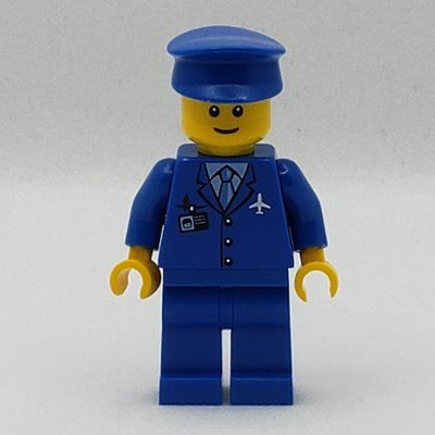Figurine Pilot, Blue Jacket with Plane Logo and Blue Tie, Blue Legs, Blue Hat, Smile, Reddish Brown Eyebrows du set 5933