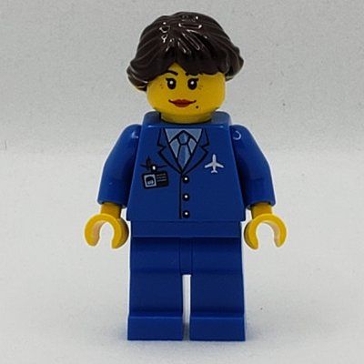 Figurine Pilot, Woman, Blue Jacket with Plane Logo and Blue Tie, Blue Legs, Dark Brown Hair du set 9348