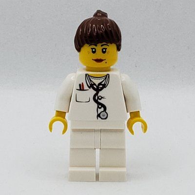 Figurine Doctor, Woman, White Torso with Stethoscope and Pocket, White Legs, Dark Brown Ponytail du set 9348