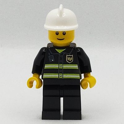 Minifigure Fireman, Black Fire Jacket with Radio and Badge, White Helmet, Reddish Brown Eyebrows (3626b Head) del set 7945