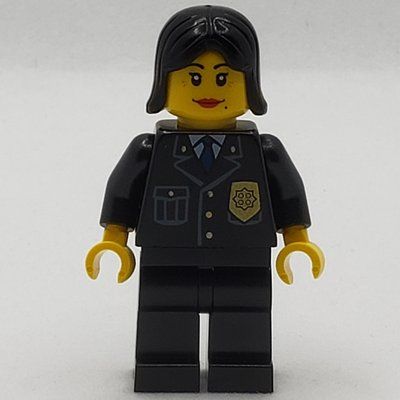 Figurine Policewoman, Black Jacket with Badge, Pocket, and Black Tie, Black Hair du set 9348