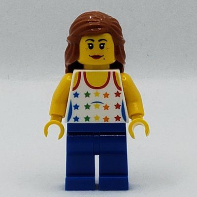 Figurine Woman, Tank Top with Rainbow Colored Stars, Blue Legs, Dark Orange Hair du set 9348