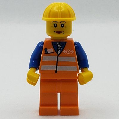 Figurine Train Worker, Woman, Orange Safety Vest with Train Logo, Orange Legs, Yellow Hard Hat du set 9348
