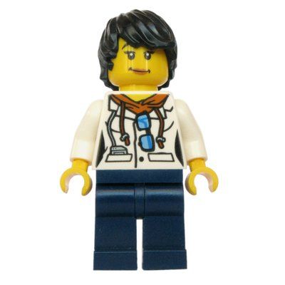 Figurine Scientist, Woman, White Jacket over Hoodie with Sunglasses, Dark Blue Legs, Black Hair du set 60162