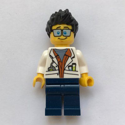Minifigure Scientist, Open White Jacket over Dark Orange Shirt, Dark Blue Legs, Glasses from set 60161