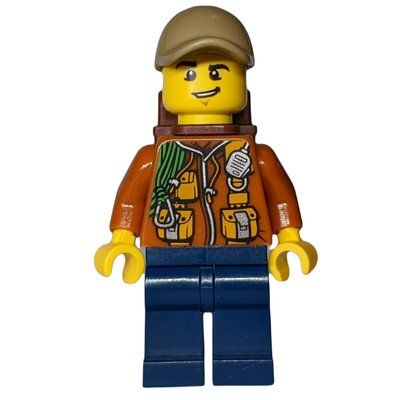 Minifigure Explorer, Jacket with Pouches, Radio, and Rope, Dark Tan Cap, Backpack from set 60161