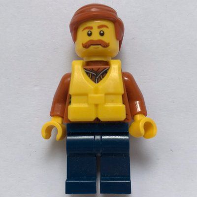 Minifigure Explorer, Jacket with Pouches, Radio, and Rope, Dark Orange Hair, Yellow Life Vest, Moustache from set 60161