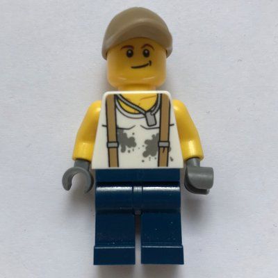 Minifigure Mechanic, Dirty White Shirt with Suspenders, Dark Blue Legs, Dark Tan Cap from set 60161