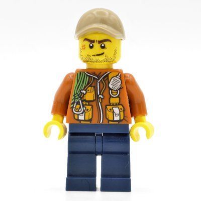 Minifigur Explorer, Jacket with Pouches, Radio, and Rope, Dark Tan Cap, Stubble and Scar aus Set 60159