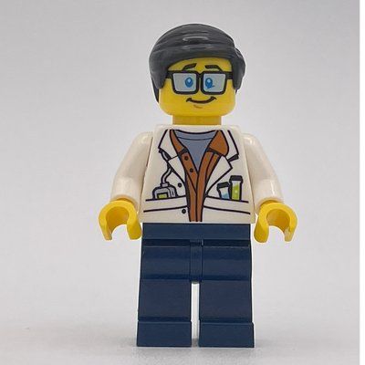 Figurine Scientist, Open White Jacket over Dark Orange Shirt, Dark Blue Legs, Neat Black Hair, Glasses du set 60157