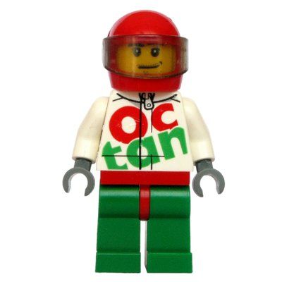 Minifigurka Racer, White and Green Jumpsuit with Large 'Octan', Red Helmet with Visor, Stubble z zestawu 60115