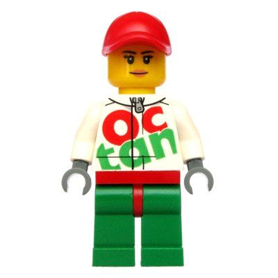 Minifigurka Racer, Woman, White and Green Jumpsuit with Large 'Octan', Red Cap z zestawu 60115