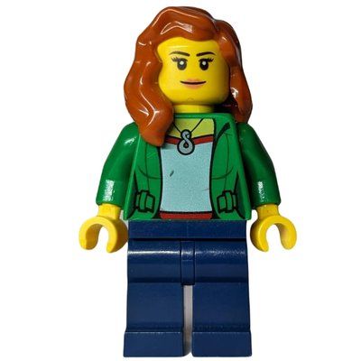 Minifigura Woman, Open Green Jacket with Necklace, Dark Orange Hair del set 60082