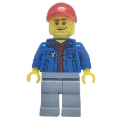 Minifigura Man, Open Blue Jacket over Dark Red Shirt, Sand Blue Legs, Red Cap, Stubble del set 60082
