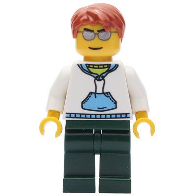 Minifiguur Man, White and Blue Hoodie, Dark Green Legs, Dark Orange Hair, Sunglasses uit set 3648