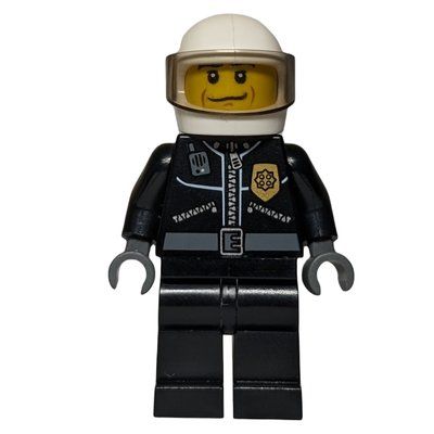 Minifiguur Policeman, Black Jacket with Zipper, Radio, and Badge, White Helmet and Visor uit set 3648