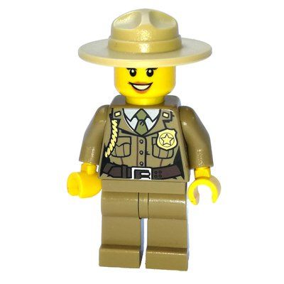Minifigure Forest Police / Ranger, Woman, Dark Tan Shirt with Olive Green Tie and Badge, Dark Tan Legs, Tan Campaign Hat del set 4440