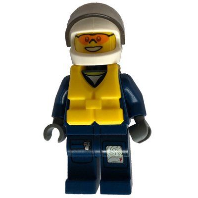 Minifigure Policeman, Dark Blue Jacket with Pockets and Badge, White Helmet with Visor, Yellow Life Vest, Orange Sunglasses del set 4439