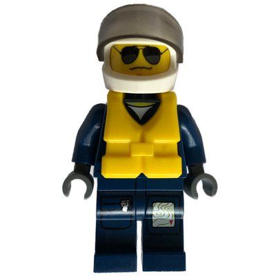 Minifigure Policeman, Dark Blue Jacket with Pockets and Badge, White Helmet with Visor, Yellow Life Vest, Sunglasses and Wavy Mouth del set 4439