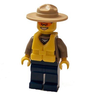 Figurine Forest Police / Ranger, Dark Tan Shirt with Radio and Badge, Dark Blue Legs, Tan Campaign Hat, Yellow Life Vest, Orange Sunglasses du set 4205