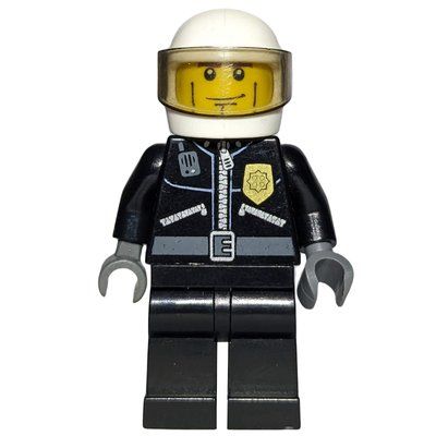 Figurine Policeman, Black Jacket with Zipper, Radio, Badge, and 'POLICE' on Back, White Helmet with Visor du set 3658
