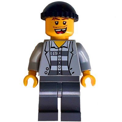 Figurine Criminal, Open Light Bluish Gray Jacket over Prison Shirt, Dark Bluish Gray Legs, Black Hat, Missing Tooth (3626c Head) du set 4441