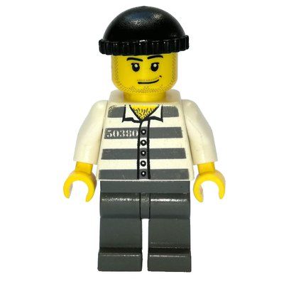 Figurine Criminal, Prison Shirt with #50380, Dark Bluish Gray Legs, Black Hat, Stubble du set 7288