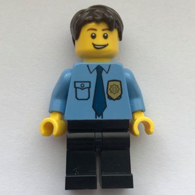 Figurine Policeman, Medium Blue Shirt with Badge and Tie, Black Legs, Dark Brown Hair du set 7288
