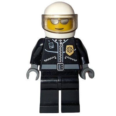 Figurine Policeman, Black Jacket with Zipper, Radio, Badge, and 'POLICE' on Back, White Helmet with Visor, Silver Sunglasses du set 7288