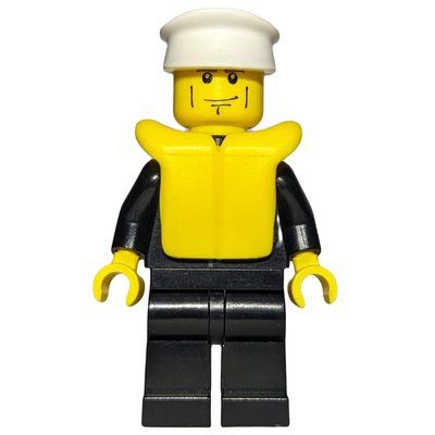 Minifiguur Policeman, Black Suit with Badge, White Hat, Yellow Life Vest, Cheek Lines and Brown Eyebrows uit set 7287