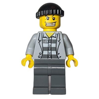 Minifiguur Criminal, Open Light Bluish Gray Jacket over Prison Shirt, Black Hat, Gold Tooth uit set 7287