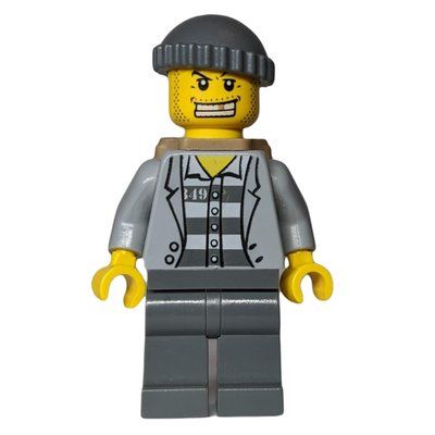 Minifiguur Criminal, Open Light Bluish Gray Jacket over Prison Shirt, Dark Bluish Gray Hat, Dark Tan Backpack, Gold Tooth uit set 7279