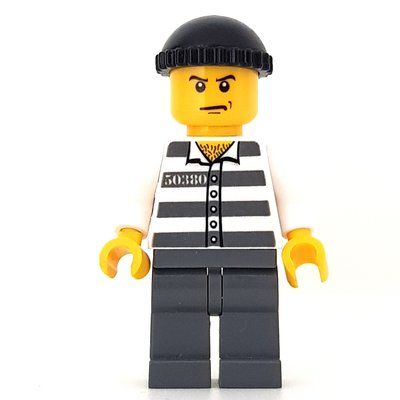 Minifigure Criminal, Prison Shirt with #50380, Dark Bluish Gray Legs, Black Hat from set 7744