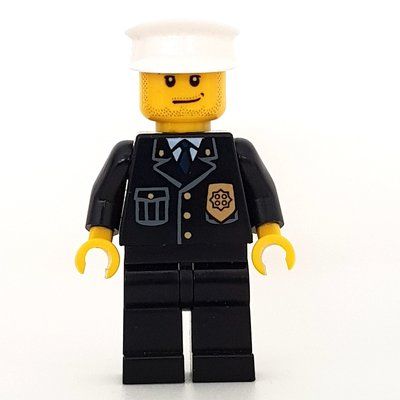 Minifigure Policeman, Black Suit with Badge, White Hat, Stubble from set 7744