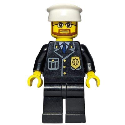 Minifigure Policeman, Black Suit with Badge, White Hat, Beard and Glasses from set 7744