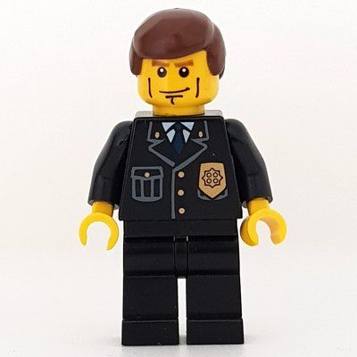 Minifigure Policeman, Black Suit with Badge, Reddish Brown Hair from set 7744