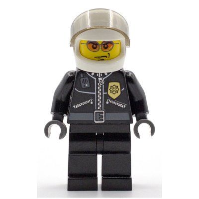 Minifigure Policeman, Black Jacket with Zipper, Radio, and Badge, White Helmet and Visor, Orange Sunglasses from set 7744