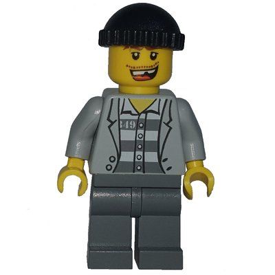 Minifigurka Criminal, Open Light Bluish Gray Jacket over Prison Shirt, Dark Bluish Gray Legs, Black Hat, Missing Tooth (3626b Head) z zestawu 7498