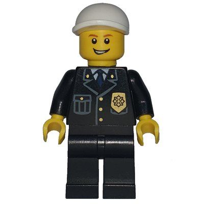 Minifigurka Policeman, Black Suit with Badge, White Cap, Open Mouth z zestawu 7498