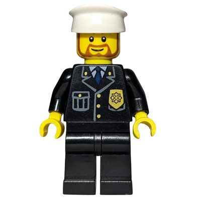 Minifigurka Policeman, Black Suit with Badge, White Hat, Brown Beard z zestawu 7498
